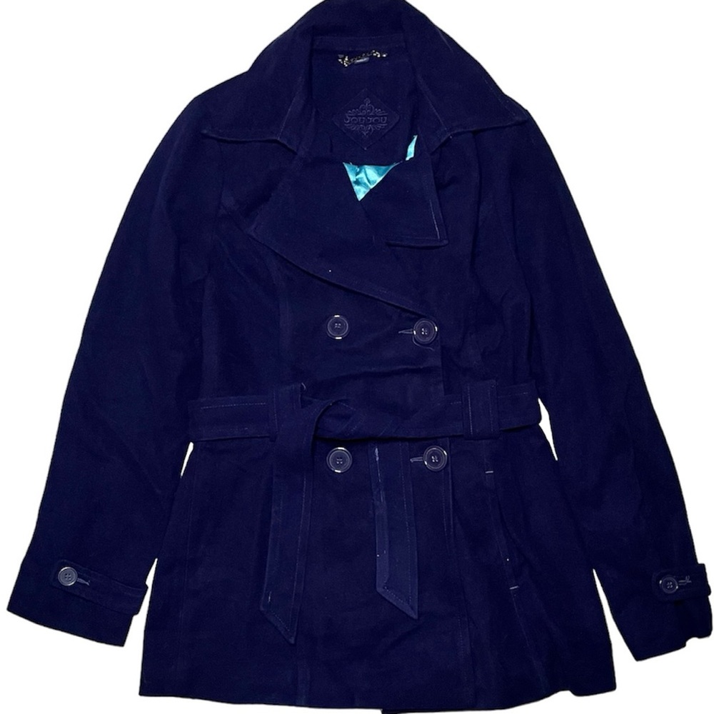 VINTAGE JouJou Womens Small Jacket Coat Purple Blue Double Breasted Belted